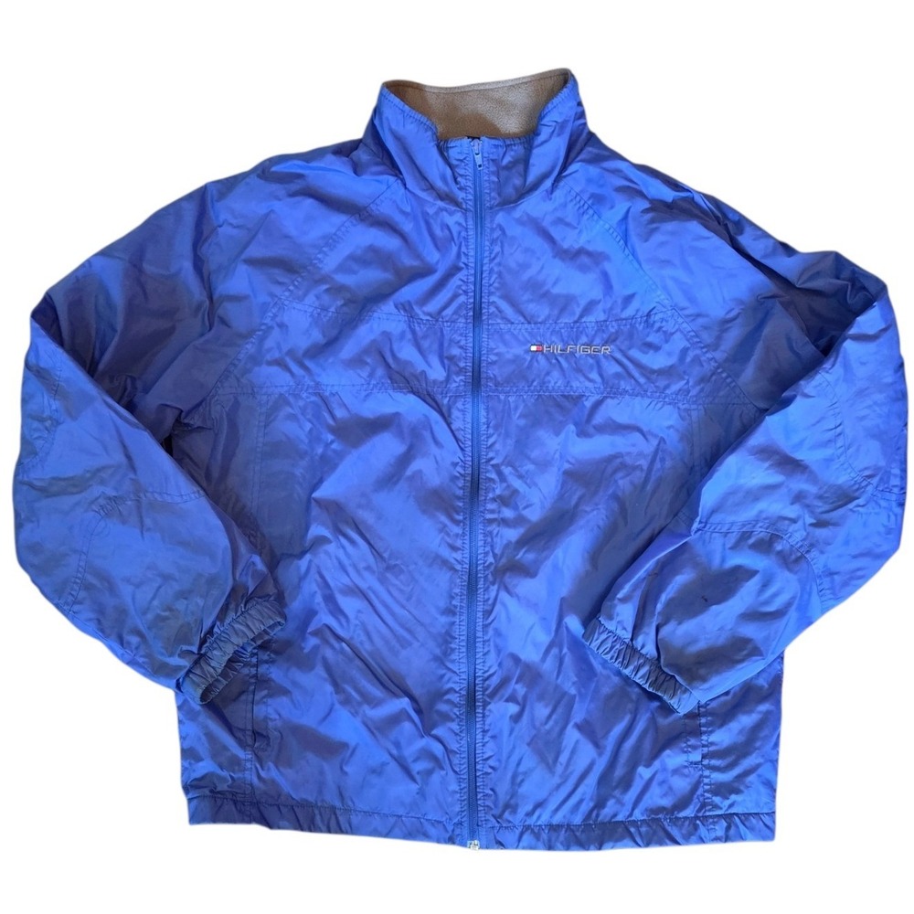 Vintage Tommy Hilfiger Mens Large Blue Fleece Lined Nylon Windbreaker Jacket 90s